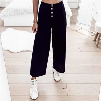 

Fashion Womens Button High Waist Wide Leg Long Pants 2019 Ladies Casual Culottes Trousers Loose Baggy Pants New Clothing Buttoms