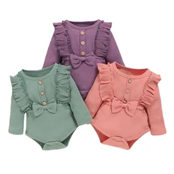 Barboteuse côtelée à manches longues pour bébés filles, vêtements de couleur unie, à volants, avec nœud papillon, printemps automne 