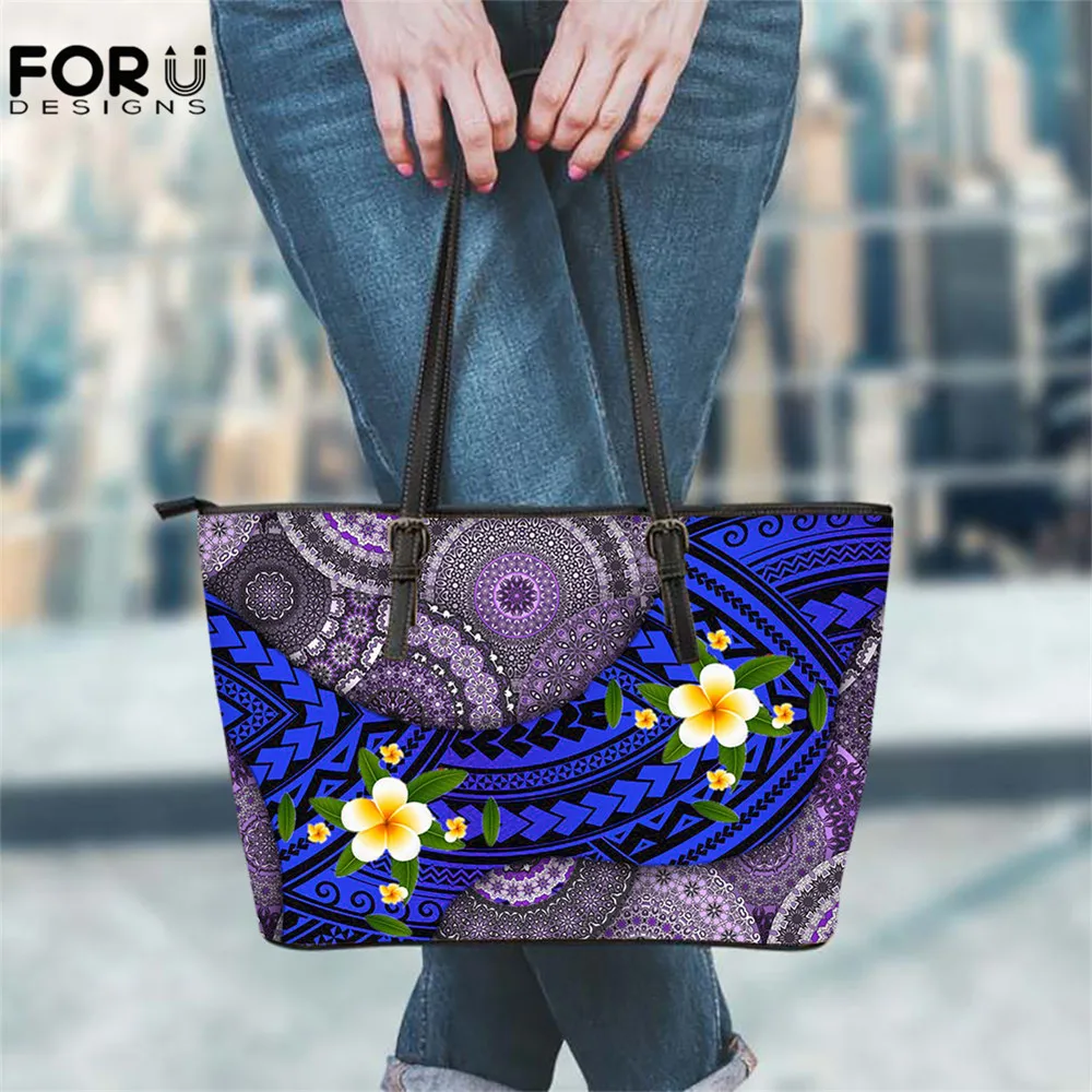 

FOURDESIGNS PU Leather Ladies Shoulder Bag Bohemian Polynesian Ethnic Plumeria Printing Famous Large Capacity Women Handbag 2020