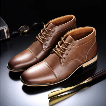 

Plus Size 40-50 Pointed Toe Genuine Leather Boots Men Shoes 2020 Fall Winter High Top Warm Boots Mens Short Plush Ankle Boots