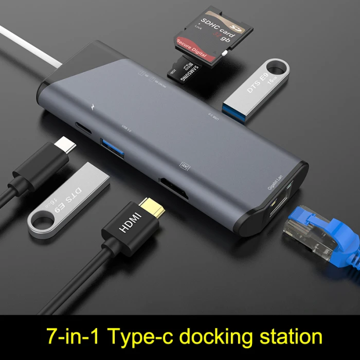 Многопортовое «7-в-1 концентратор Тип с разъемами типа C и USB3.0 4K HDMI устройство для чтения карт SD TF Ethernet-адаптер док-станция JHP-Best