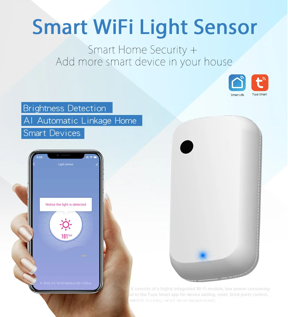 Датчик яркости Tuya Smart Home 180 ° с Wi-Fi умный датчик работает от USB-датчика |
