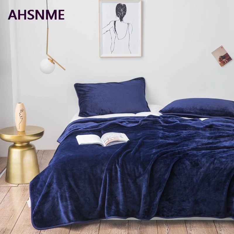 

AHSNME Navy Blue Thick Coral Blanket Solid Color Mink Velvet Blanket Soft Sofa Throw Multi Size High Quality Rug Drop Ship