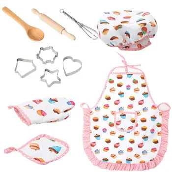 

Kids Cooking And Baking Apron Set Kitchen Deluxe Chef Set Costume Pretend Role Play Kit Apron Hat Suit For 3 Years Old Children