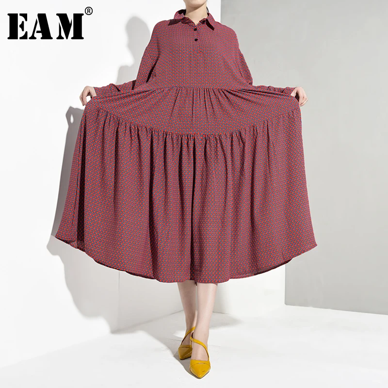 

[EAM] Women Multicolor Pattern Print Loose Long Big Size Dress New Lapel Long Sleeve Loose Fit Fashion Spring Autumn 2019 1A125