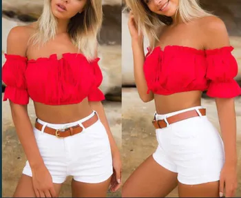 

Summer Sexy Womens Tops Off Shoulder Crop Top Casual Ruffles Elastic T-Shirt Ladies Loose Tops Tee