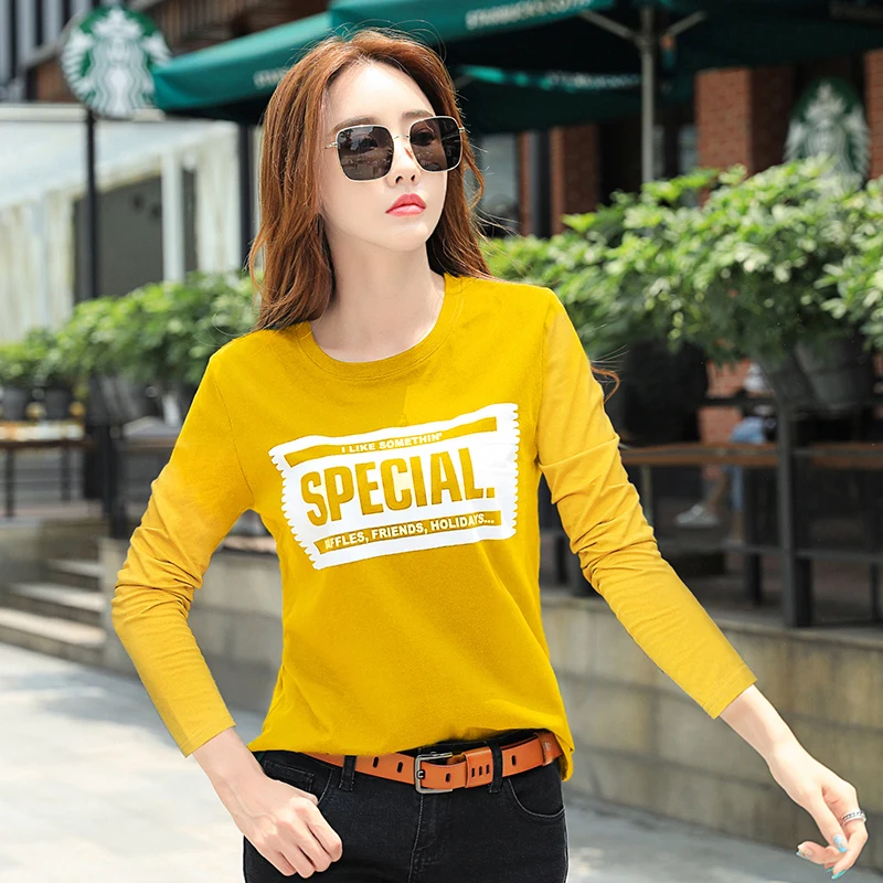 5616 yellow Новая футболка большого размера женские хлопковые футболки с длинным рукавом для женщин с буквенным принтом женские футболки повседневные зимние топы футболки Camisetas - Цвет: 5616 yellow