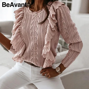 

Beavent Knitted sweater women autumn winter Long sleeve ruffled fashion female sweater Ladies fitted pink pullover jumpers