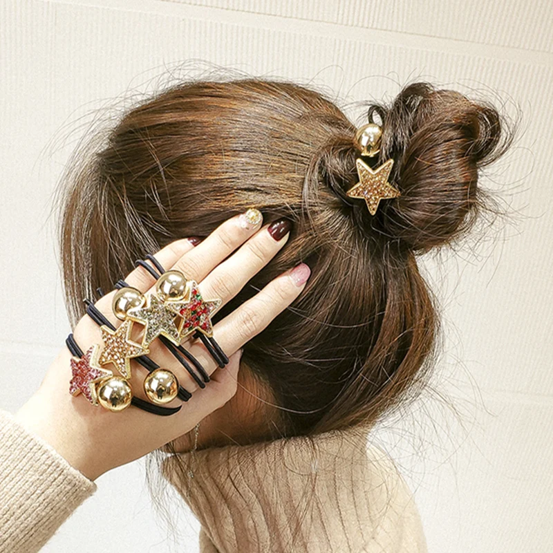 M MISM Crystal Alloy Ball Ponytail Holder for Girls Women Star Gum for Hair Accessories Beads Scrunchy Rubber Elastic Hair Bands