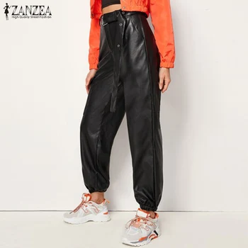 

2020 ZANZEA Overalls Trousers Stylish Women's Faux Leahter Pants Casual Belt High Waist Pantalon Feamle Solid Turnip Plus Size