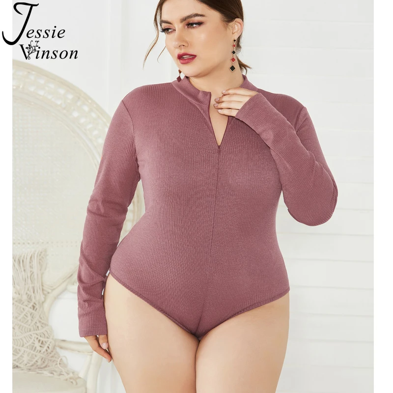 Jessie Vinson Long Sleeve Crew Neck Zipper Knitted Bodysuit Jumpsuit Women Plus Size Rib Bodysuit Autumn Winter Skinny Rompers leather bodysuit