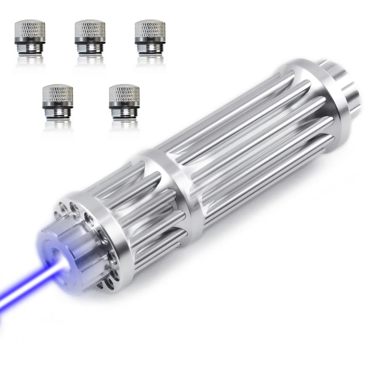 Blue wth 5 Caps CWLASER высокой мощности 532nm/650nm красный/450nm красный ручной гатлинг форма Фокусируемый лазерный указатель(серебро - Испускаемый цвет: Blue wth 5 Caps