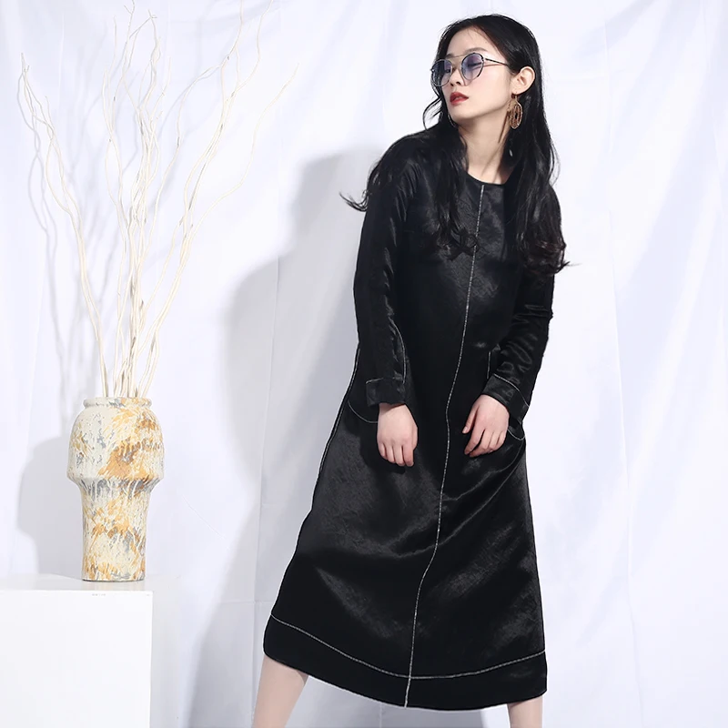 Новое модное женское платье весна-осень с круглым вырезом и длинным рукавом, черное платье с разрезом и карманом, женское свободное модное платье JO715