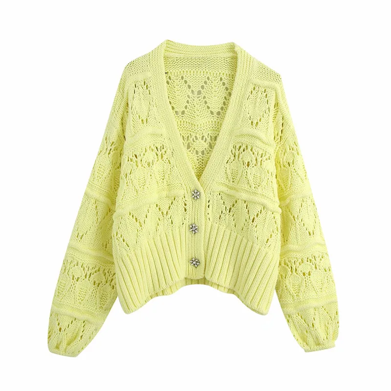 

Fashion Hollow Elegant Lady's Temperament Is Thinner 2020 New Yellow Flower Button Embellished Knitted Short Coat Female