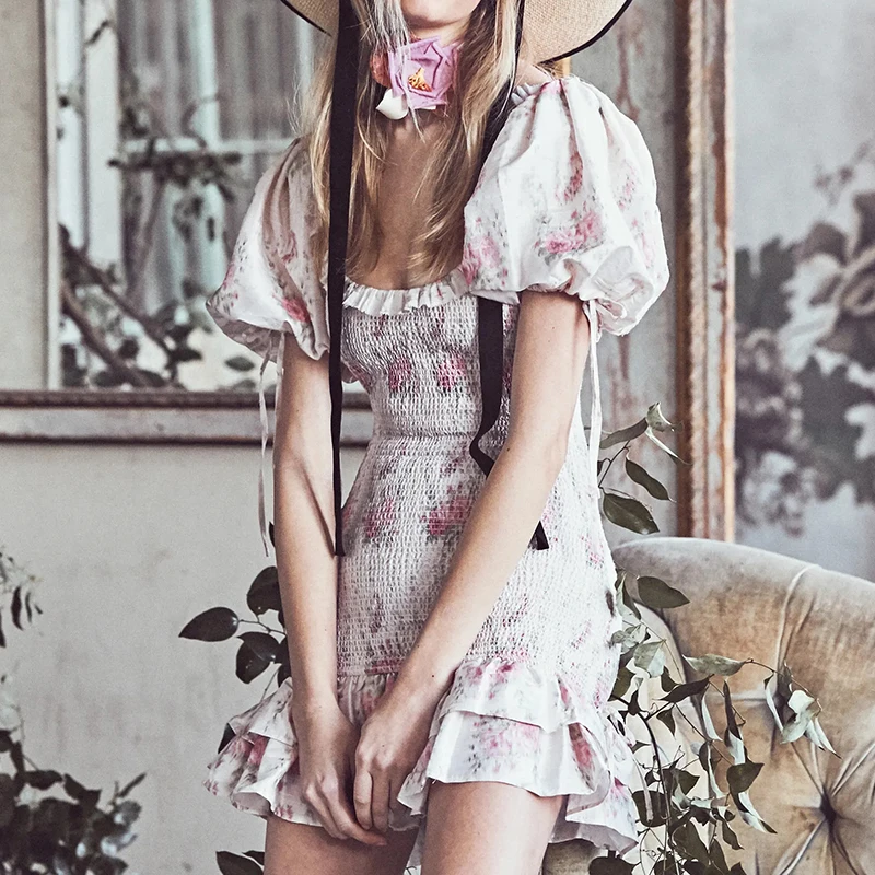 

KHALEE YOSE Boho Floral Mini Dress Autumn 2019 Vintage Chic Dress Elastic Puff Sleeve Ruffles Bodycon Slim Holiday Dress Women