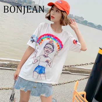 

BONJEAN 2019 Summer Tops and Tees Short Sleeve Print Shirt for Women Character Pattern Shirts with Sequin White T Shirt BJ1650