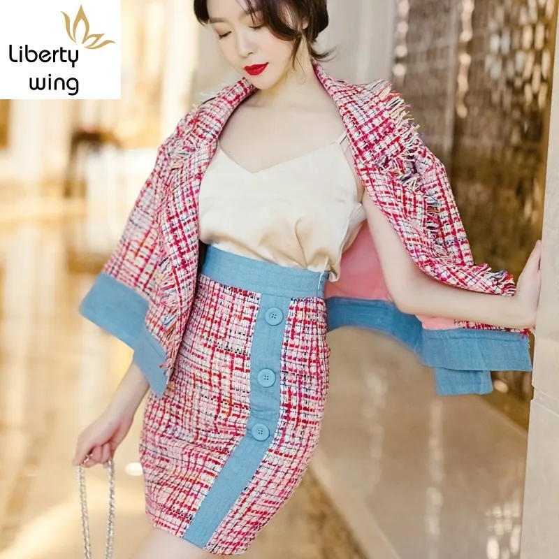 

Brand New Womens Spliced Tweed Jacket Wrap Mini Skirt Two Piece Set Colors Mixed Tassel Twill Office Party Outfits Conjunto Suit