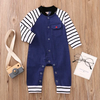 

0-12M handsome infant baby boy long sleeve rompers buttons up with pocket newborn boy jumpsuit
