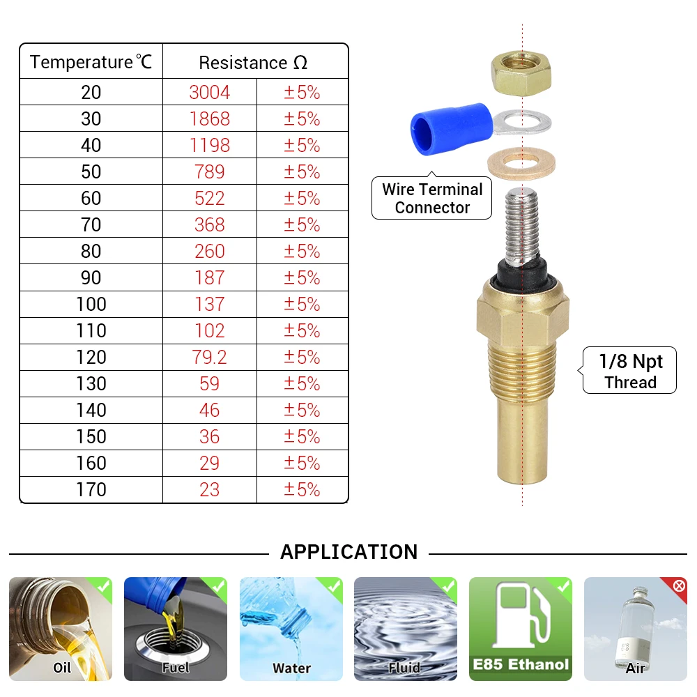 2 Pieces 12V 1/8 NPT Racing Car Oil Temp Sensor Water Temperature Sensor Water Temp Gauge