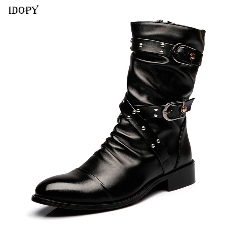 Idopy Autumn Gothic Men Pointed Toe Stage Performance Faux Leather Boots Male Punk Leather High Heels Shoes Buckle Booties mens leather boots,motorcycle leather boots