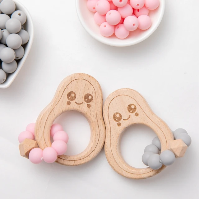 1pc Baby Teether Wooden Avocado Beads Nursing Bracelet BPA Free Silicone Crib Rattle Teething Beads Baby Rattles Nurse Gifts Toy 6