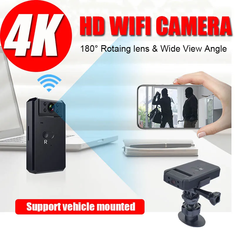 

4K Wide Angle Mini Camera WiFi Smart Wireless Camcorder IP Hotspot HD Night Vision Video Micro Small Cam Motion Detection Rotate