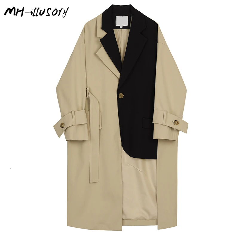 

2019 New Autumn Winter Lapel Long Sleeve Hit Color Split Joint Loose Long Big Size Windbreaker Women Trench Fashion