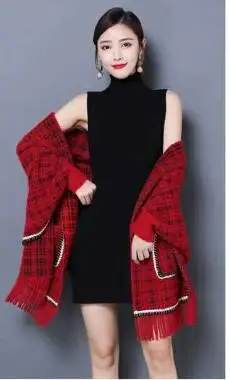 Same Color As Photos SC397,, Женский вязаный клетчатый кардиган, плотное пончо, гусиная лапка, Осень-зима, шаль, Повседневная накидка, открытый шов, плащ с карманом - Цвет: Same Color As Photos