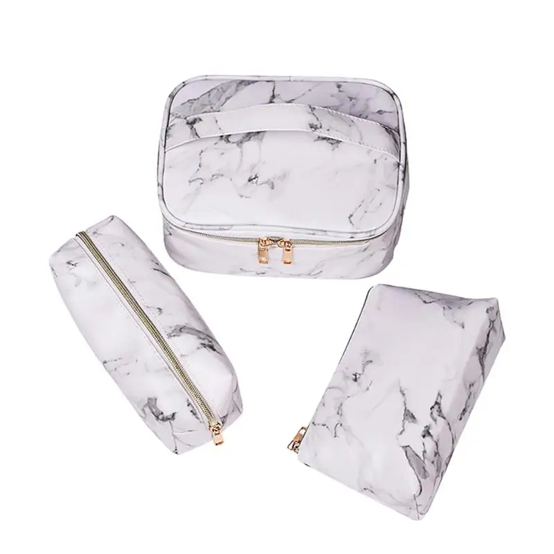 3pcs PU Waterproof Cosmetic Bags Marble Zipper Portable Toiletry Bag Makeup Bag for Travel(White