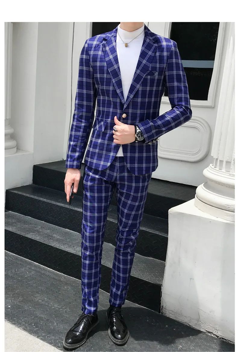 Азиатский размер, кофейные клетчатые костюмы для мужчин, для бизнеса, популярные, повседневные, для мероприятий, для встреч, с плоским воротником, на одной пуговице, облегающие костюмы, комплект из двух предметов