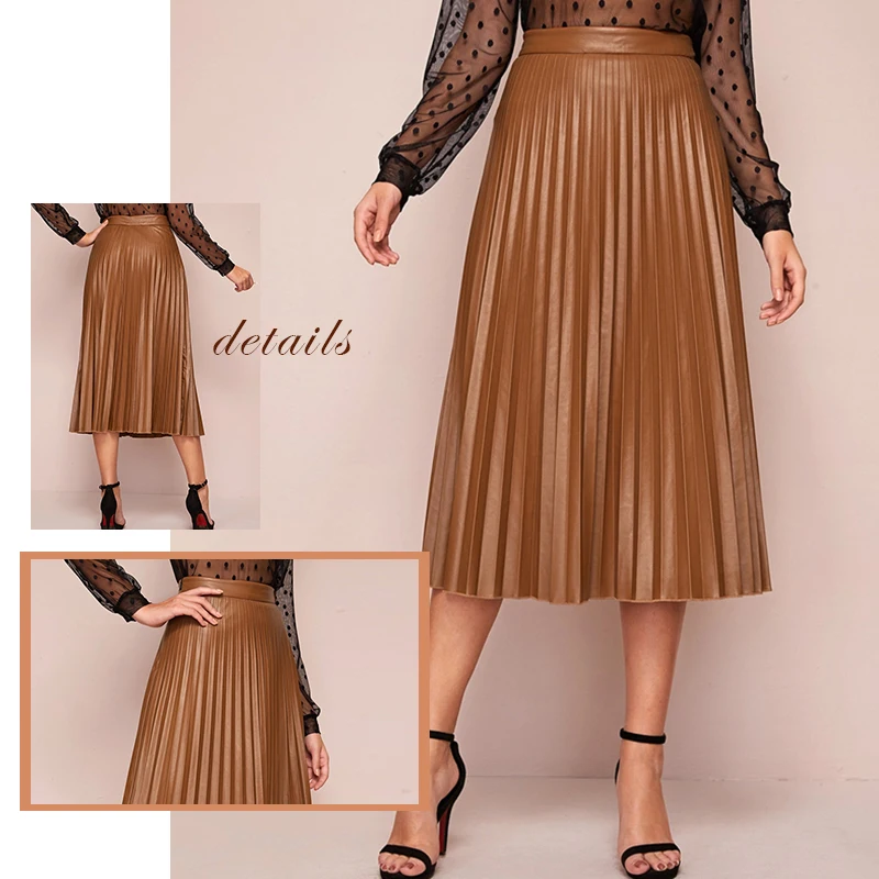 Sheinside Camel элегантная плиссированная Женская юбка из искусственной кожи Весенняя юбка миди с высокой талией Женская однотонная повседневная юбка на молнии