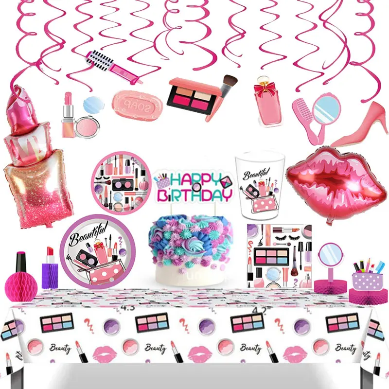 Spa Makeup Birthday Party Supplies Make up Disposable Tableware Plates Cups Napkins Balloons More for Girls Decoration set | Дом и сад