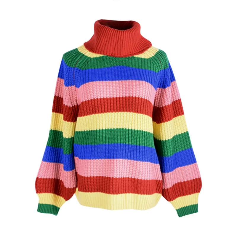 

Women Autumn Winter Sweater Sweet Turtleneck Rainbow Striped Sweater Women Fashion Loose Sweaters Tops