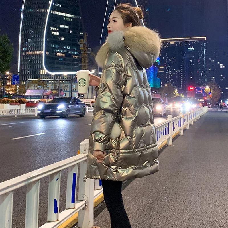 Maternity Winter Long Windbreaker Bright Face Down Padded Jacket Pregnancy Woman Hooded Thicken Loose Parkas With Big Fur Collar