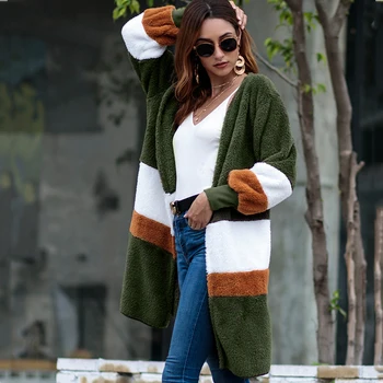 

Cardigan Solid Patchwork Long Loose Sweater Women 2019 Autumn Winter Female Plush Coat Casual Knitted Long Sweaters Streetwear