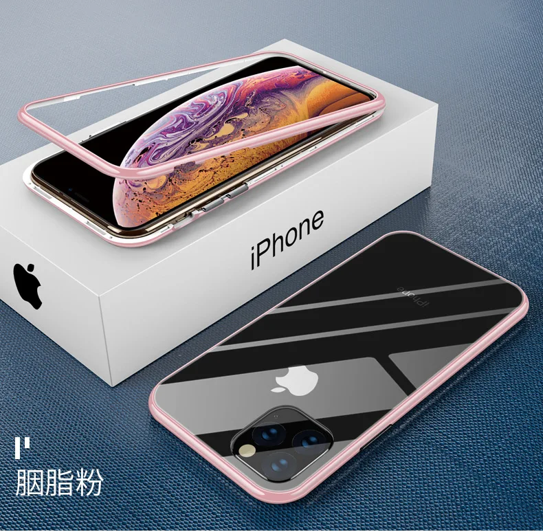 Magnetic Metal Frame Tempered Glass Phone Case Cover for iphone 11 11Pro 11ProMax iphone XS XR XSMAX Samsung Galaxy S8 S9 Note9 - Цвет: Розовый