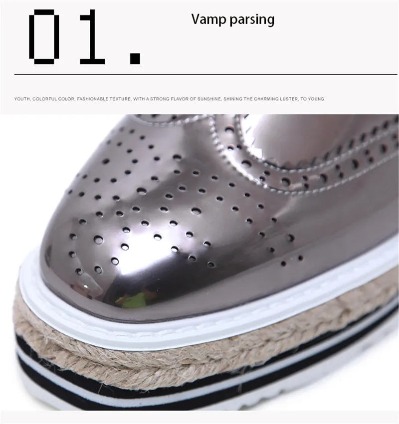 Patent Leather Women Platform Oxfords Brogue Flats Shoes Lace Up Square Toe Brand Female Footwear Shoe For Women Creepers Silver (7)
