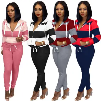 

Two Piece Sets Striped Zipper Hooded Sweatshirts and Pants 2020 Autumn Winter Women's Tracksuits Sporty wear Pockets Sweatsuits