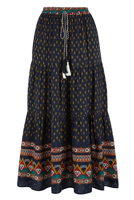 Fashion Bohemian Long Skirt Women's Elegant Holiday Summer Casual High Elastic Waist Skirt Floral Print Sea Blue Retro Skirt Black