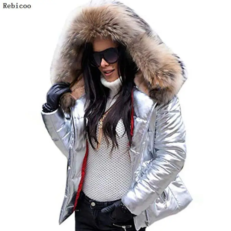 

Winter Coat Big Fur Collar Silver Golden cotton Lining Jacket Women Double Sided Wear Hooded Waterproof Parkas Outerwear
