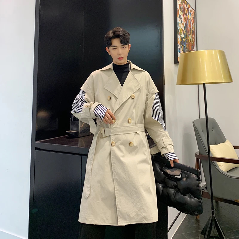 Men Double Breasted Stripe Sleeve Splice Loose Long Trench Coat Male Vintage Streetwear Hip Hop Windbreaker Jacket Overcoat