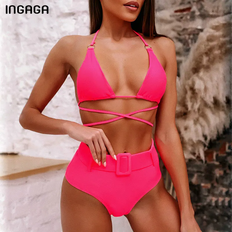 

INGAGA High Waist Bikini 2020 Cross String Swimsuits Sexy Strap Halter Swimwear Women Solid Belt Biquini Bathing Suit Women's