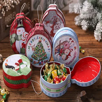 

3D New Christmas Embossing Round Tinplate Empty Tins With Hanging Rope Candy Cookie Storage Container Decorative Gift Box