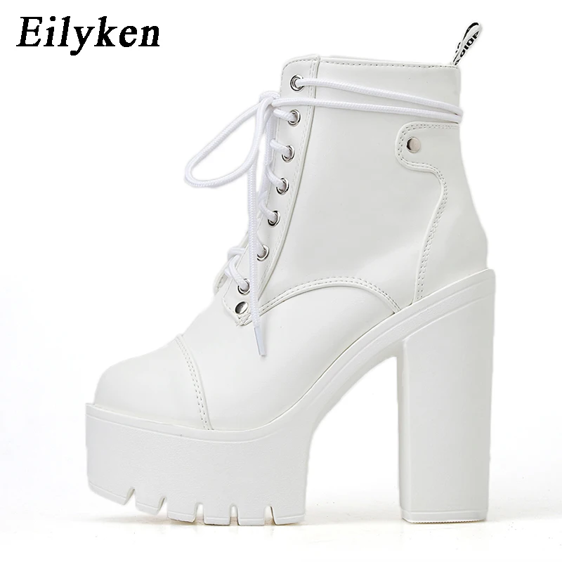 Eilyken/модные зимние ботильоны из искусственной кожи на платформе с перекрестной шнуровкой; сапоги для верховой езды на толстом каблуке со шнуровкой; женские ботинки