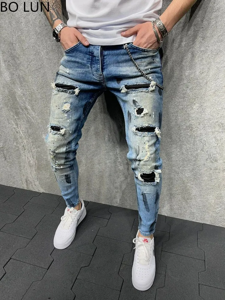 Pantalones vaqueros rasgados para hombre, Jeans pintados con parche en mosaico negro, Jeans de calle de Hip Hop, pantalones pitillo de motorista, S-3XL, novedad de 2021