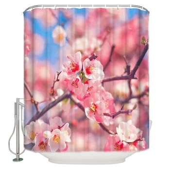 

Pink Peach Flowers Spring Plant Shower Curtain Waterproof Curtains Polyester Bath Curtain