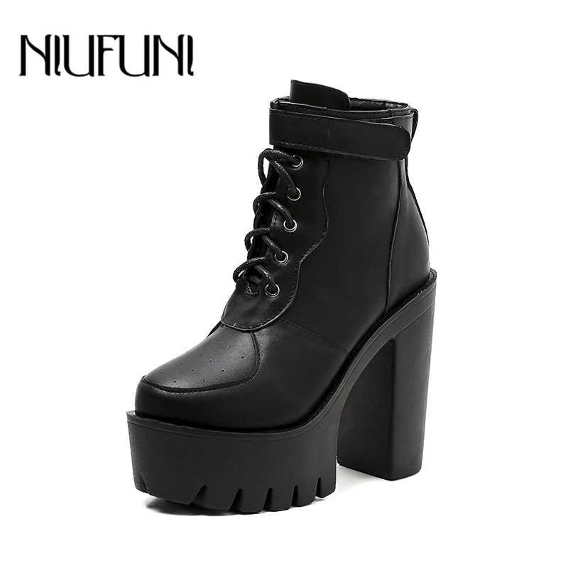 

Platform High Heels Ankle Strap Boots PU Leather Women's Spring Winter Shoes Model Lace Up Martin Boots Western Motorcycle Boots