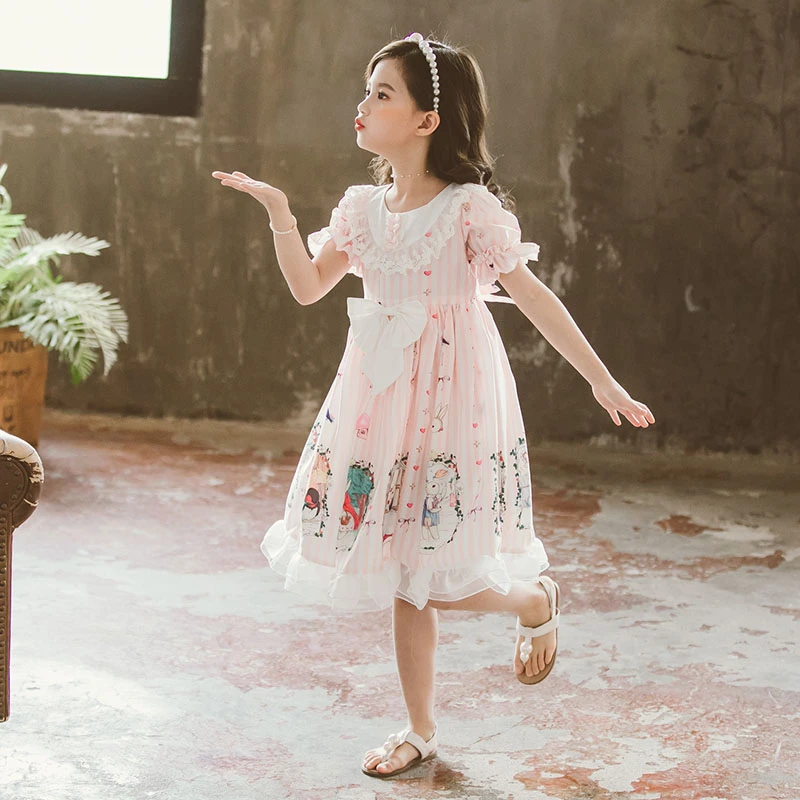Pink sweet girl princess dress Lolita new summer dress flower basket bunny cartoon vestido lolita