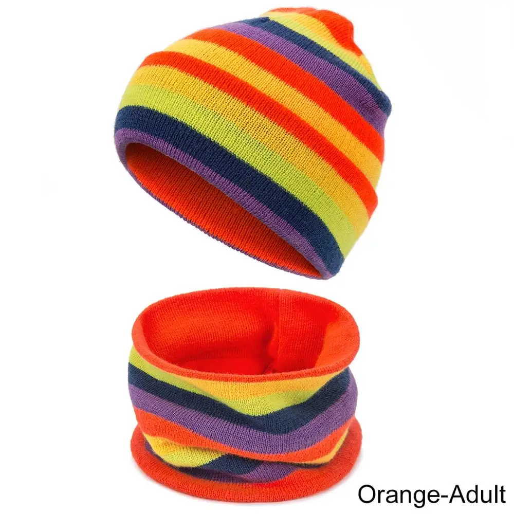 Зимний хлопковый комплект с шапочкой, Женская полосатая шапка радуги, комплект для родителей и детей, для мальчиков и девочек, вязаный эластичный теплый шарф - Цвет: orange-adult