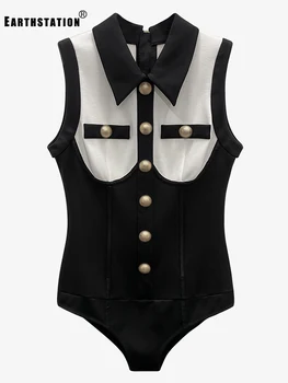 

Free Shipping Contrast Lapel Button Decoration Sleeveless Tight Jumpsuit Ladies Summer New Fashion Personality Wild